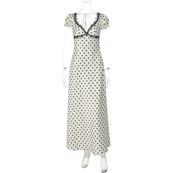 French Vintage Polka Dot Maxi Dress - Romantic Lace Trim Long Gown - Picture 8 of 11